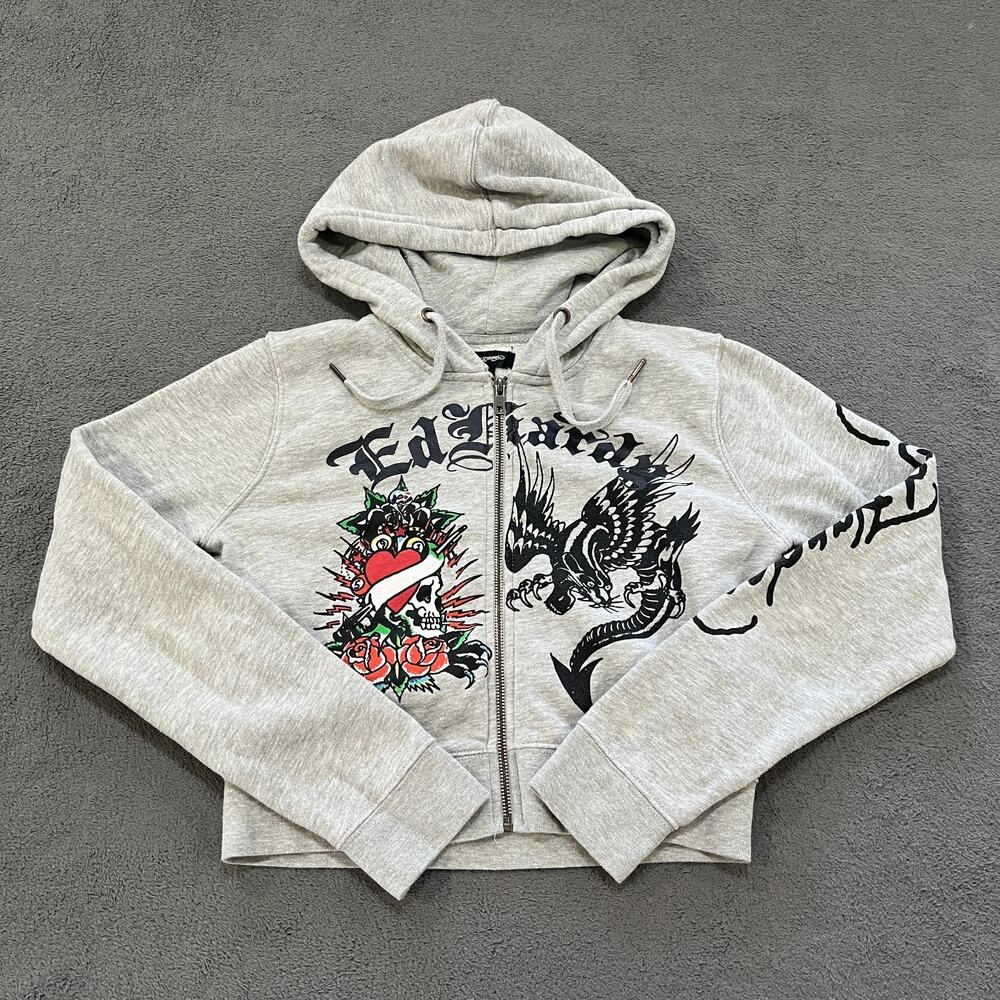 Ed Hardy Gray Graphic Heart Roses Full Zip Cropped Hoodie Women’s Size Large